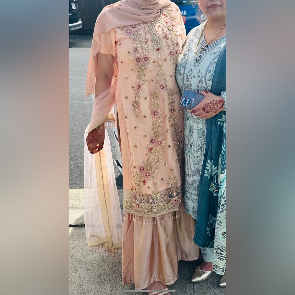 Pakistani Embellished Peach Floral Dress - OPEN TO ALL OFFERS
